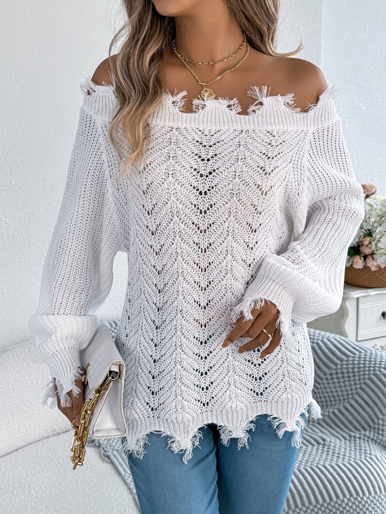 One Shoulder Plain Casual Sweater