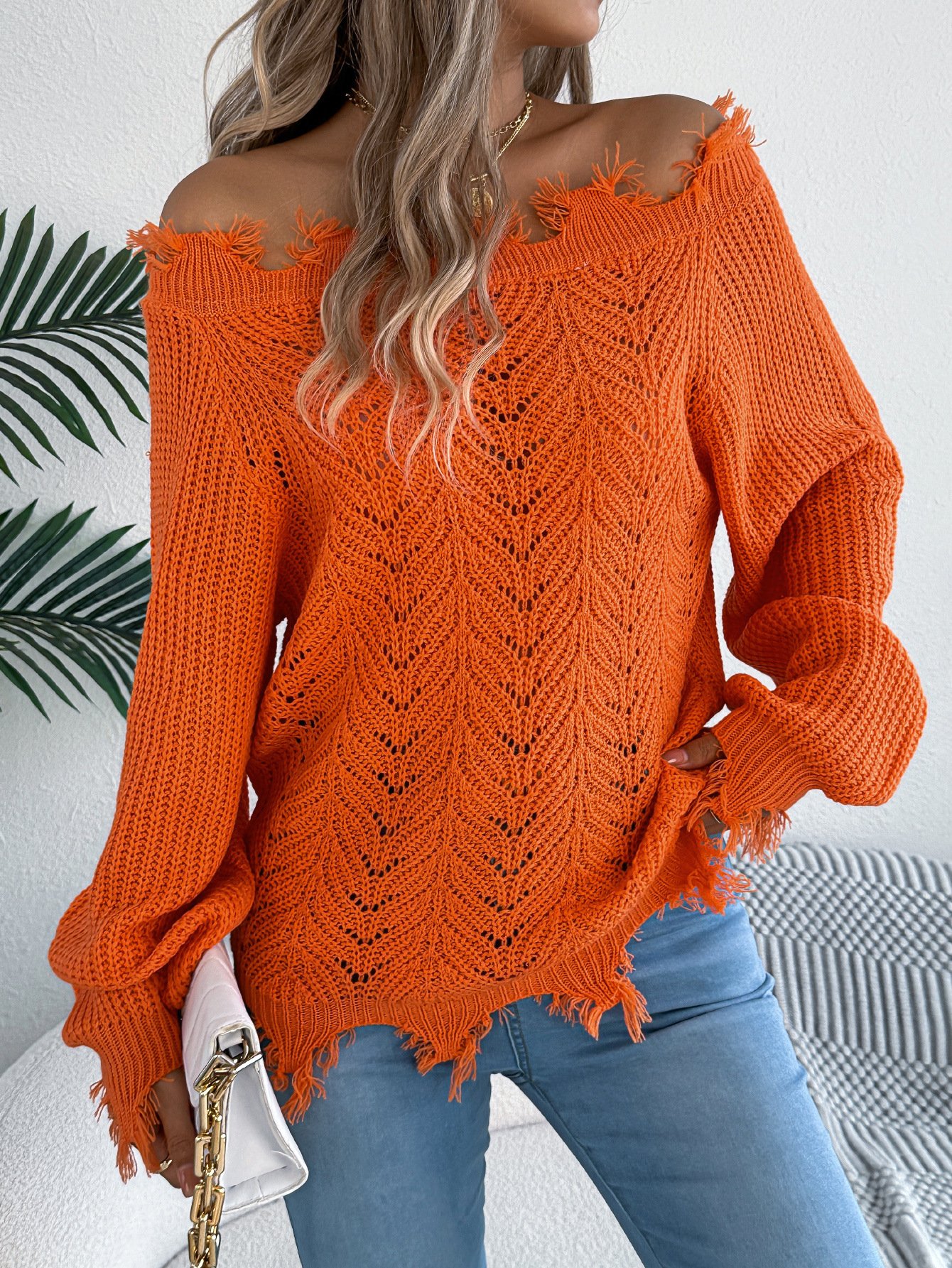 One Shoulder Plain Casual Sweater