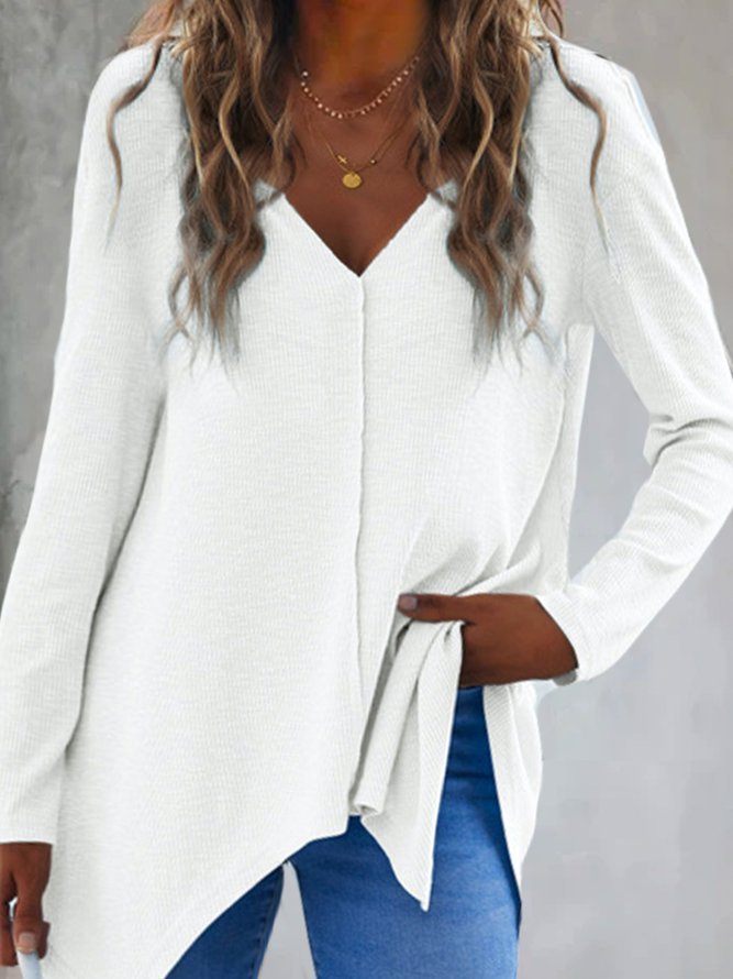 Women Plain V Neck Vintage Long Sleeve T-shirt