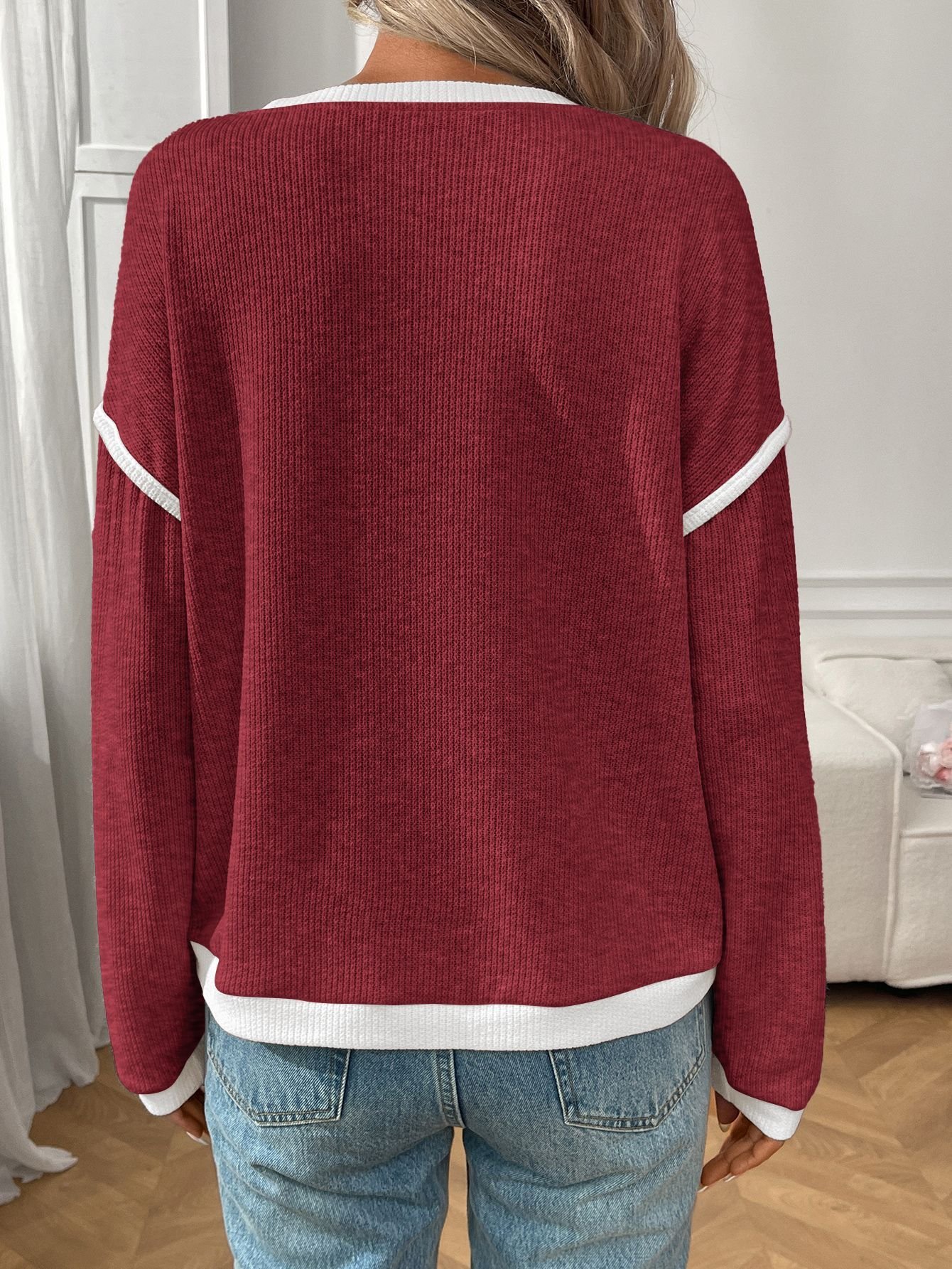 Women Color Block Crew Neck Casual Long Sleeve T-shirt