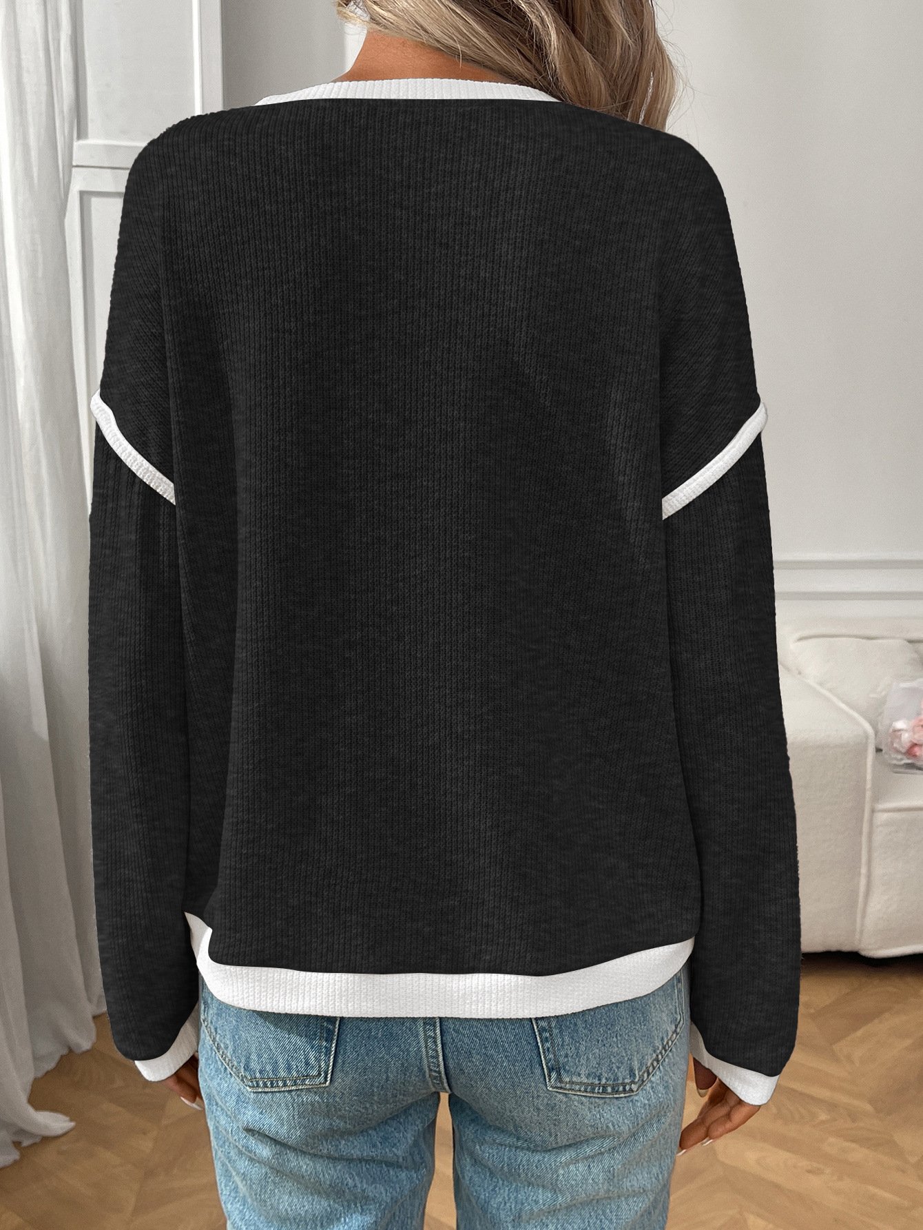 Women Color Block Crew Neck Casual Long Sleeve T-shirt