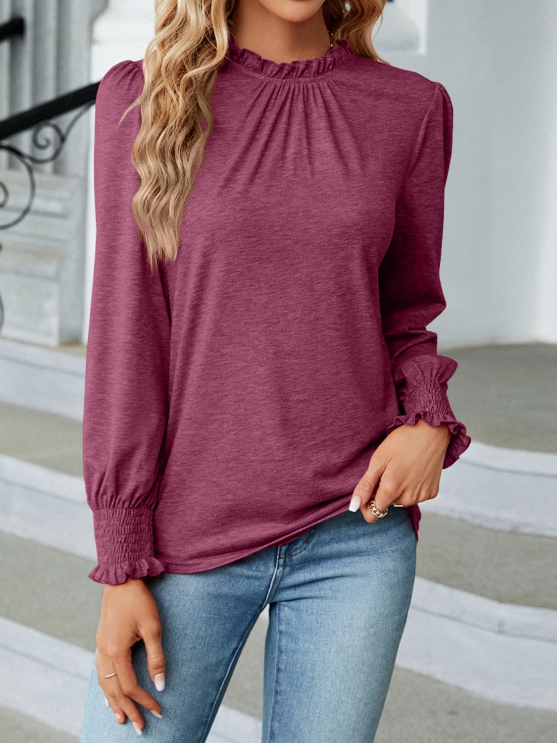 Women Plain Crew Neck Vintage Long Sleeve T-shirt
