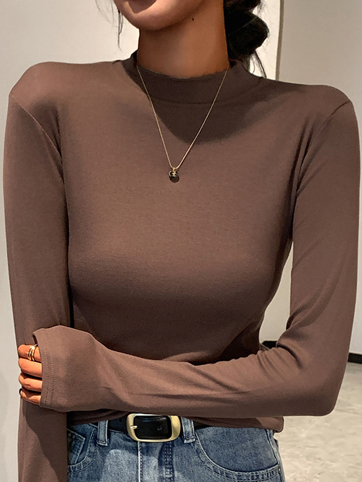 Women Plain Mock Neck Simple Long Sleeve T-shirt