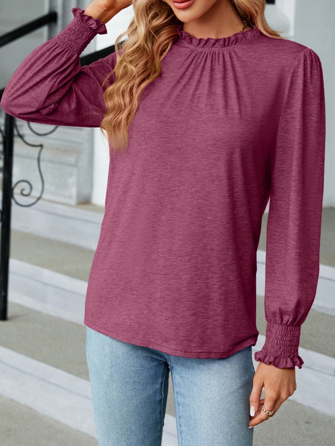 Women Plain Crew Neck Vintage Long Sleeve T-shirt