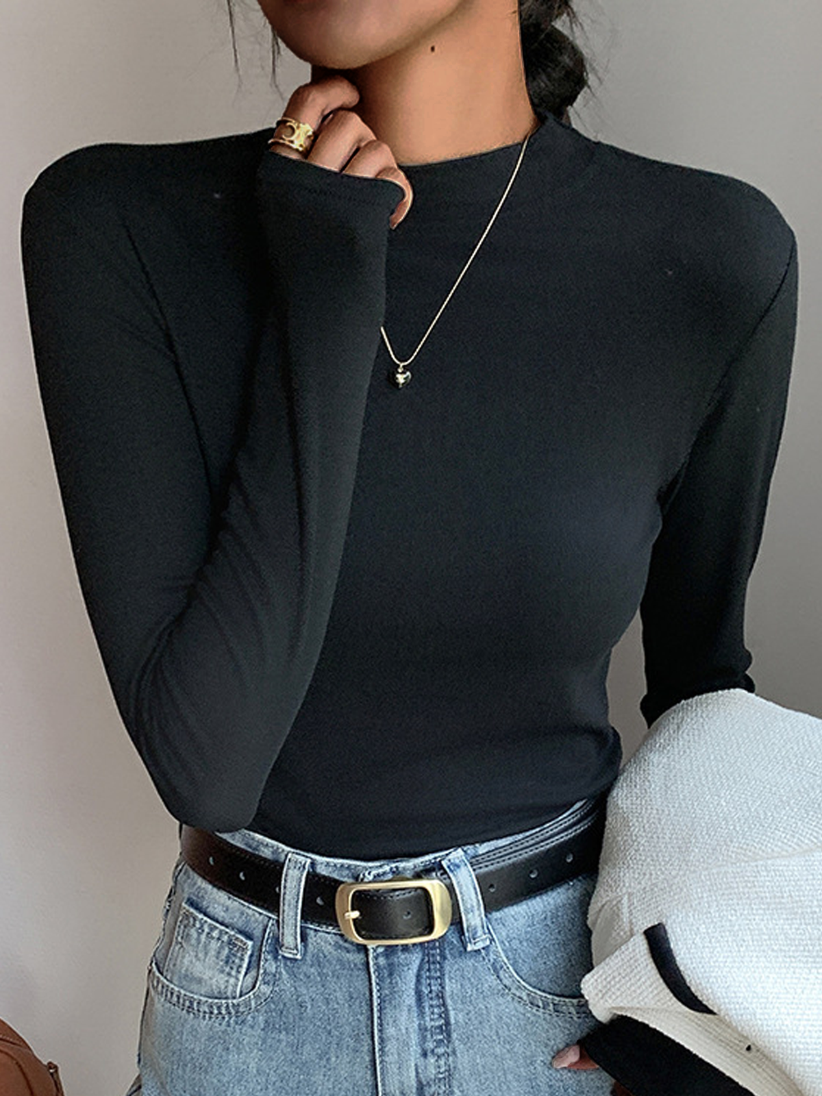 Women Plain Mock Neck Simple Long Sleeve T-shirt