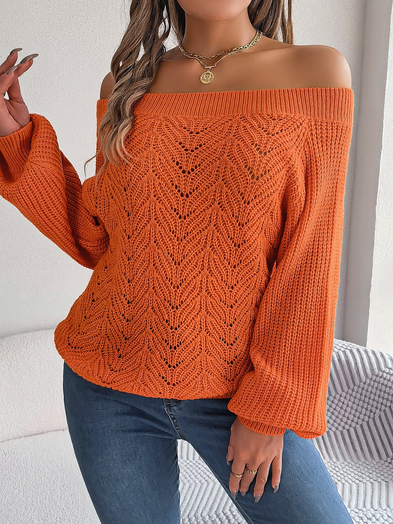 Women's Autumn And Winter Casual Solid Color Hollow Neck Off-Shoulder Lantern Sleeve Sweater