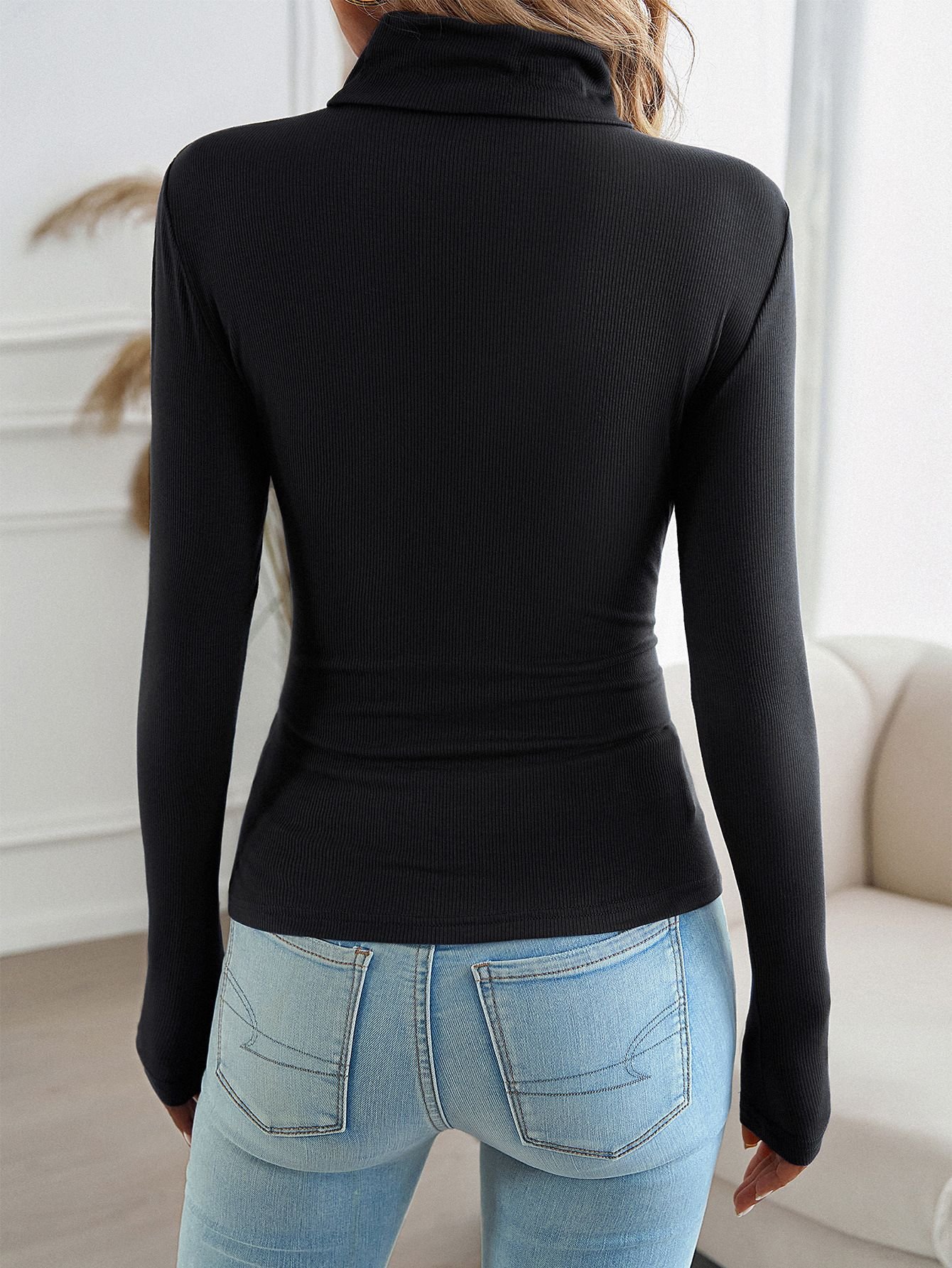 Women Plain Mock Neck Casual Long Sleeve T-shirt