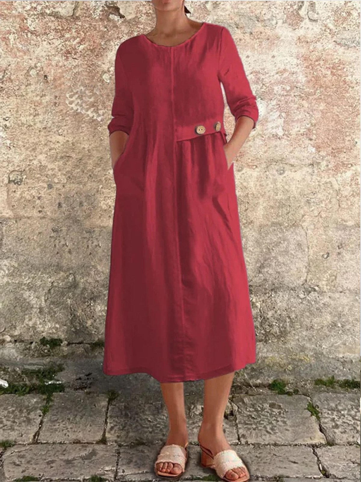 Casual Plain Buttoned Crew Neck Midi Dress