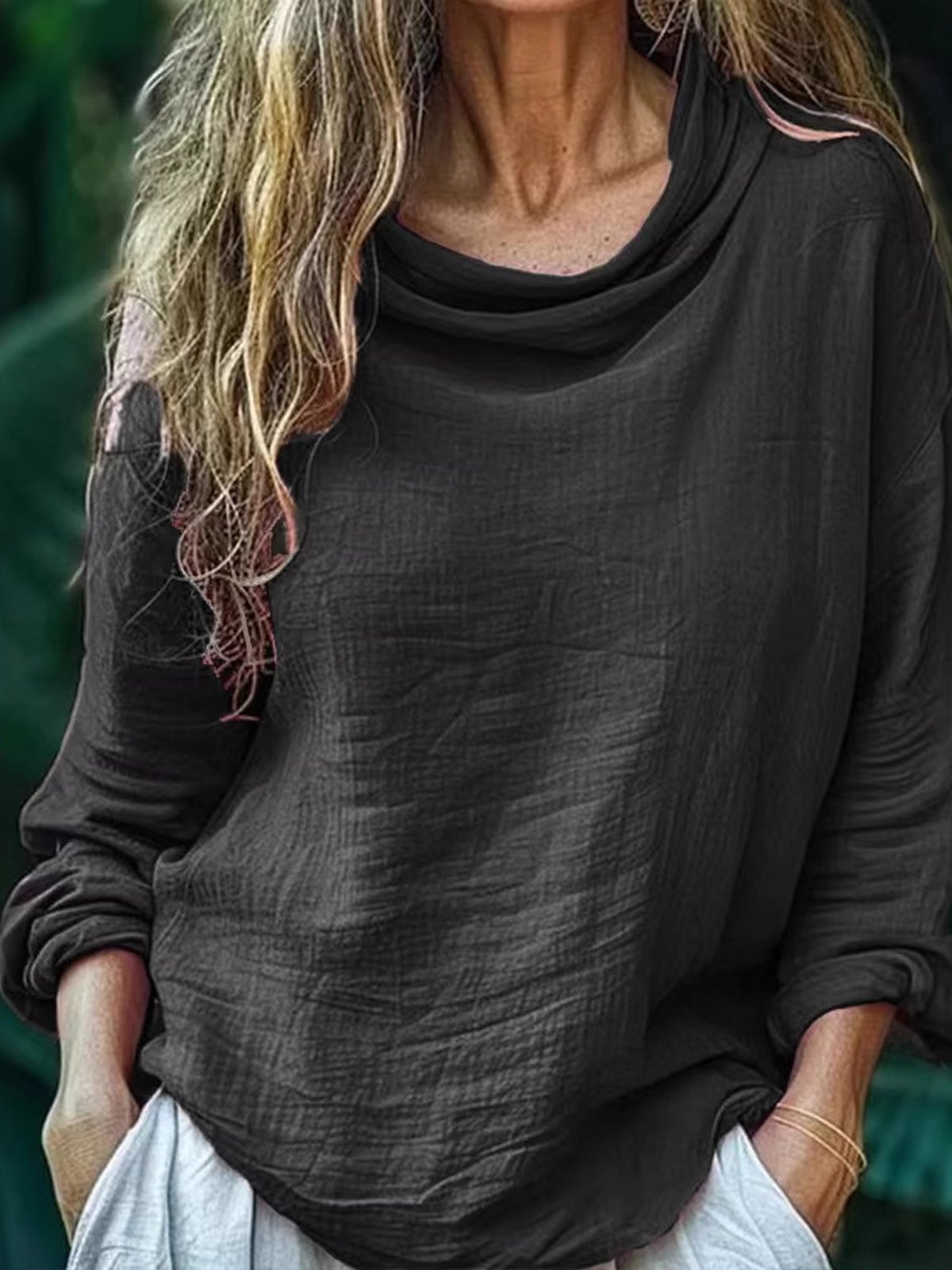 Casual Plain Cowl Neck Blouse