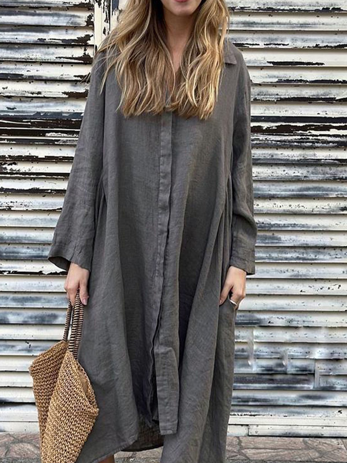 Casual Plain Shirt Collar Midi Dress