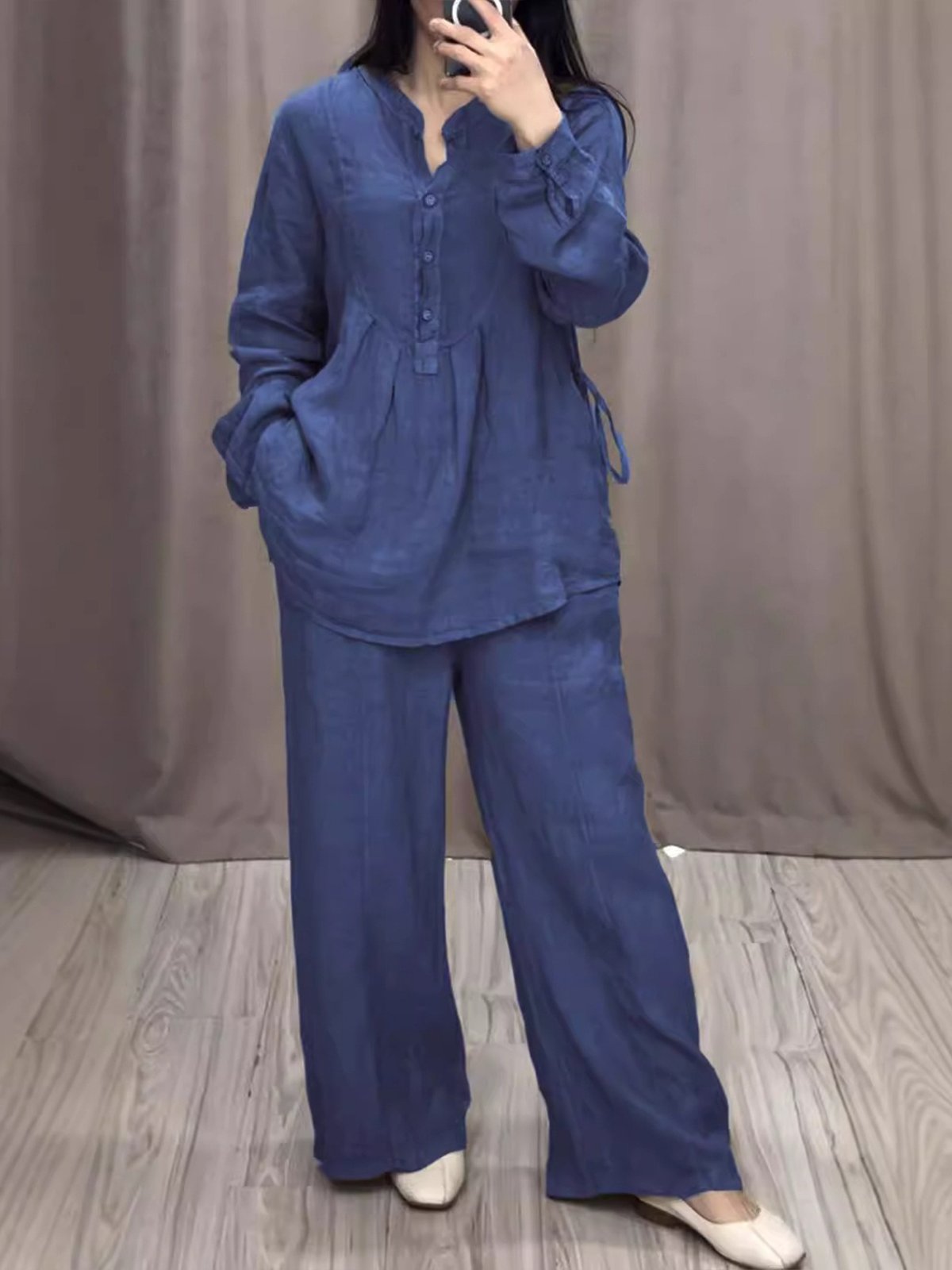 Casual Plain V Neck Two-Piece Set