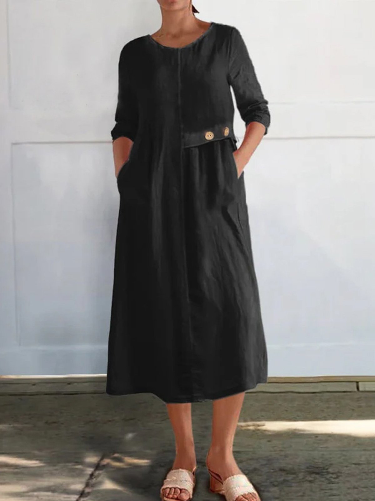 Casual Plain Buttoned Crew Neck Midi Dress