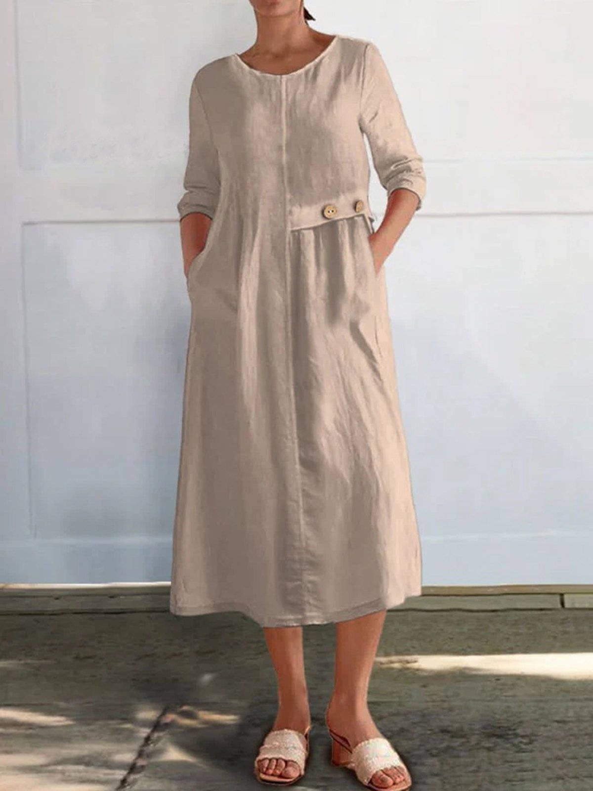 Casual Plain Buttoned Crew Neck Midi Dress