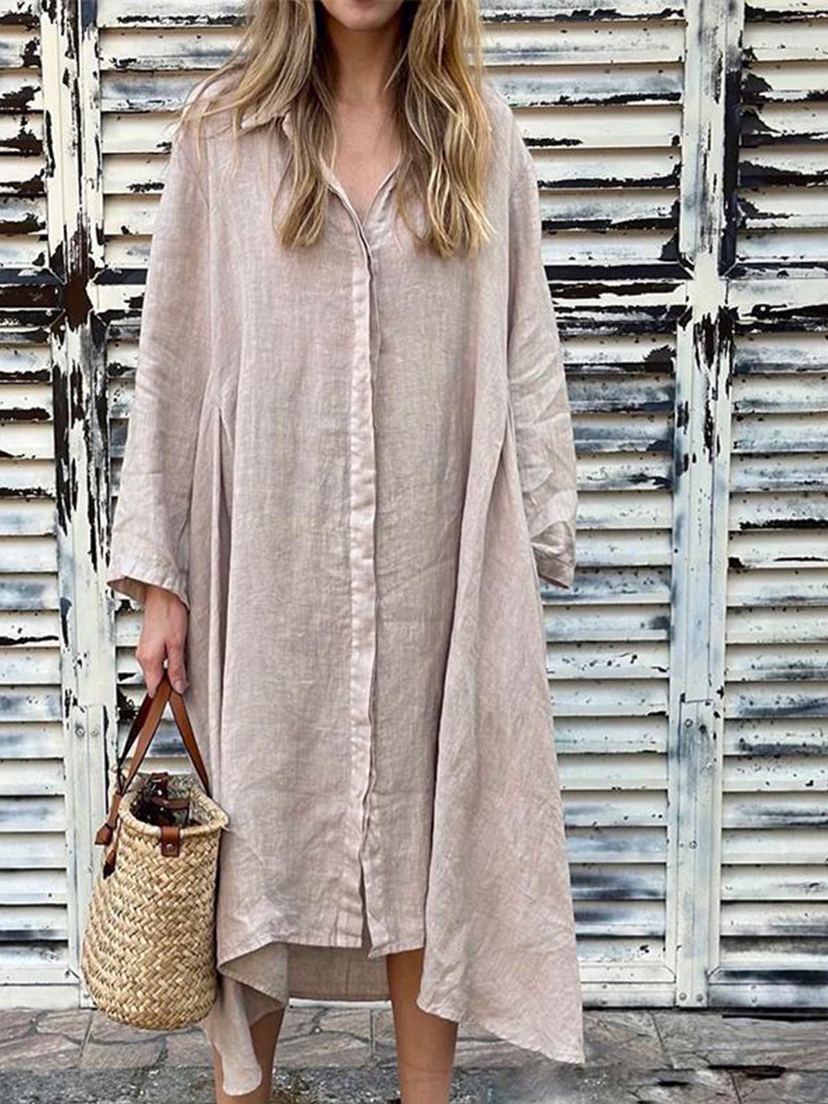 Casual Plain Shirt Collar Midi Dress