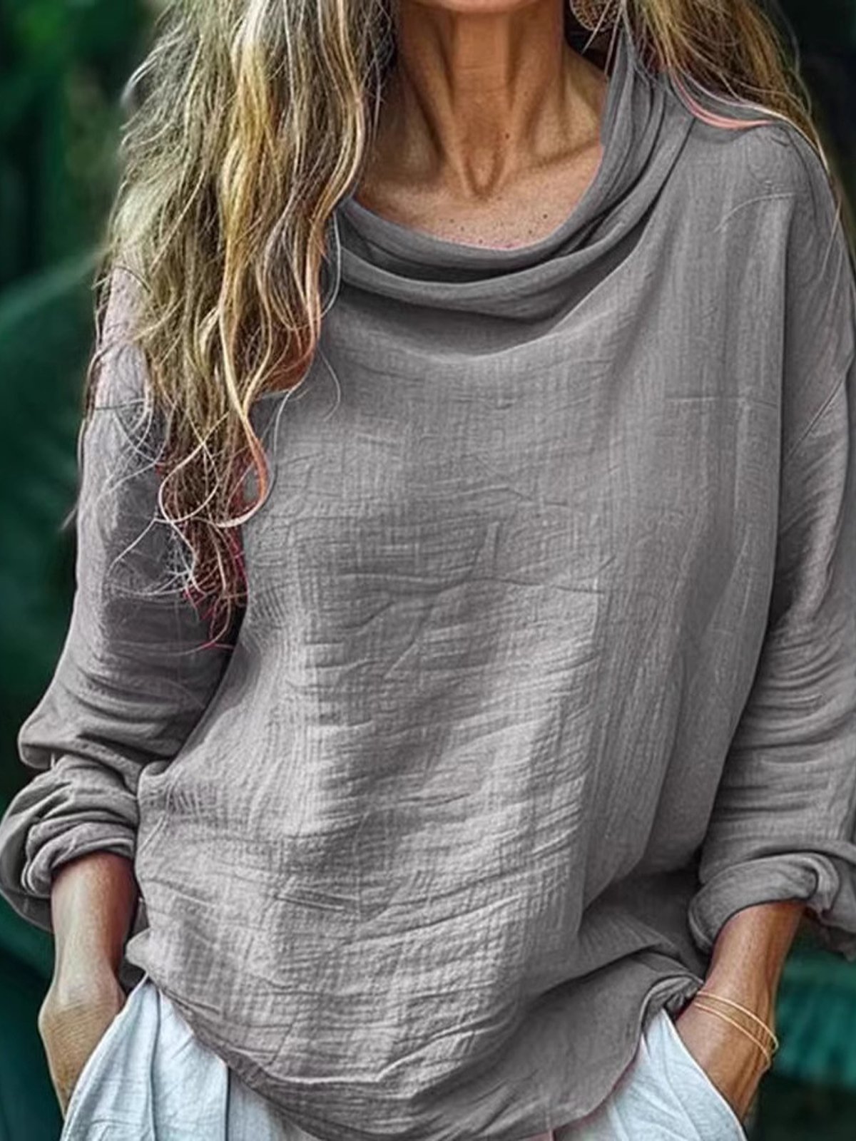 Casual Plain Cowl Neck Blouse