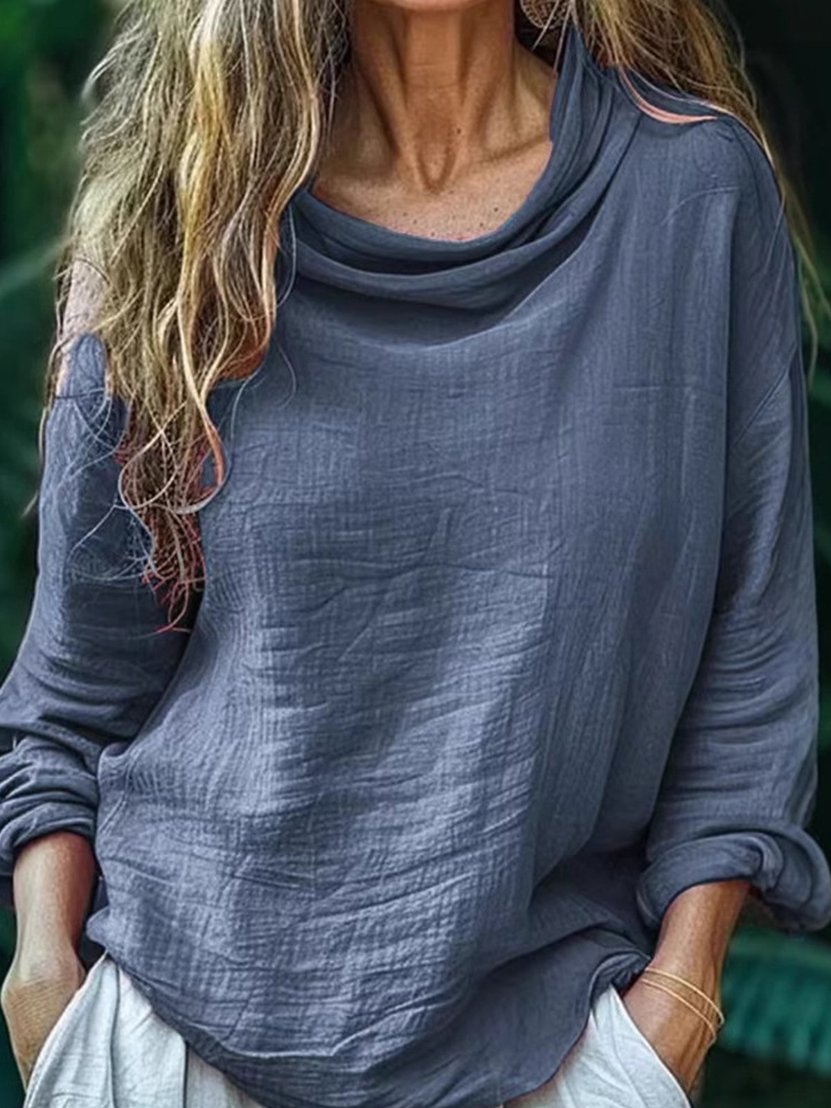Casual Plain Cowl Neck Blouse