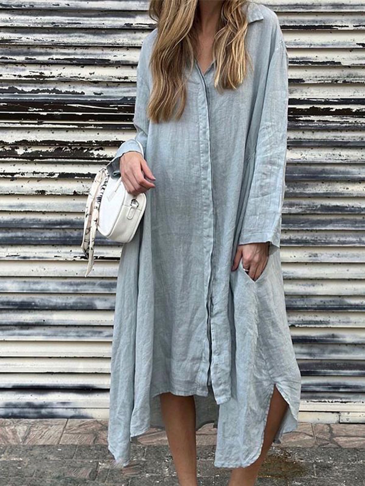 Casual Plain Shirt Collar Midi Dress