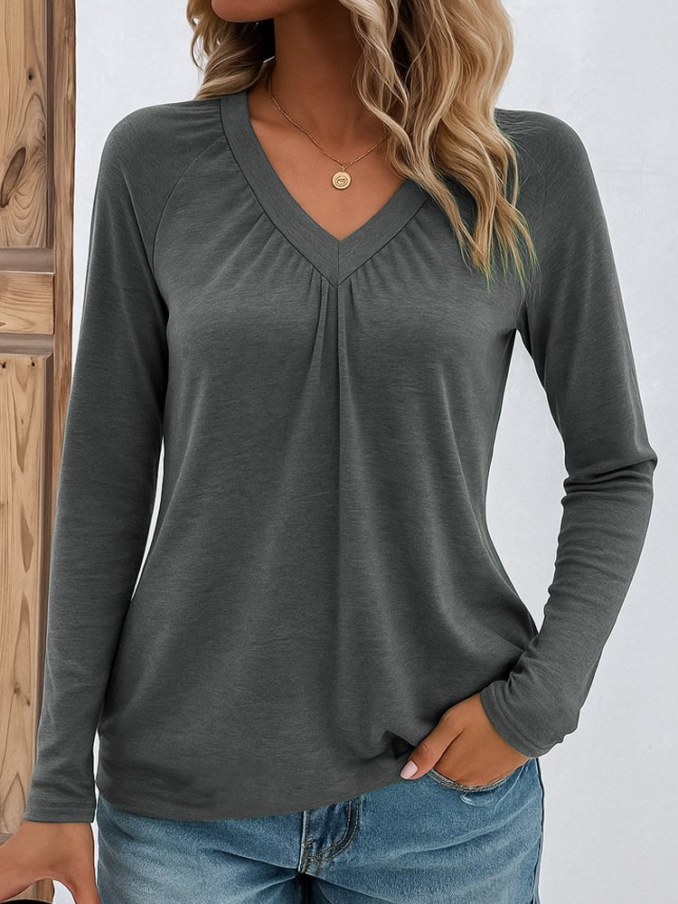 Women Plain V Neck Casual Long Sleeve T-shirt