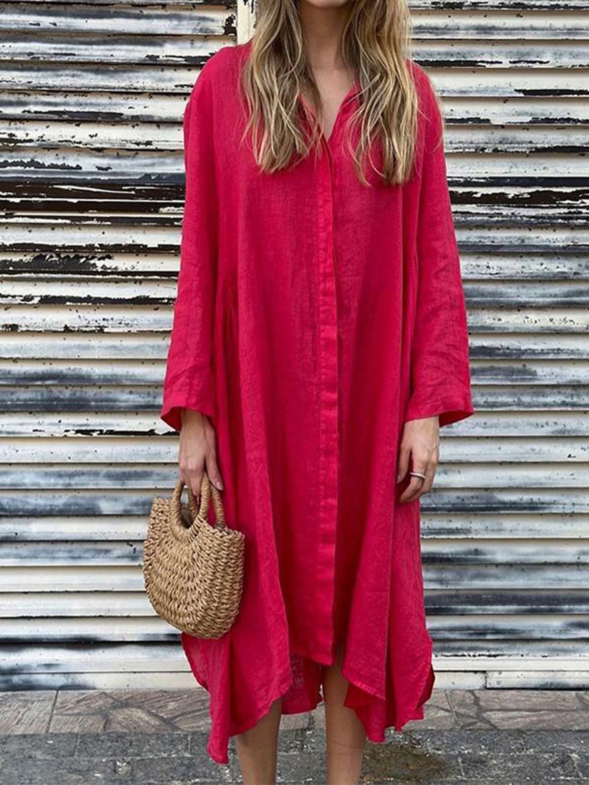Casual Plain Shirt Collar Midi Dress