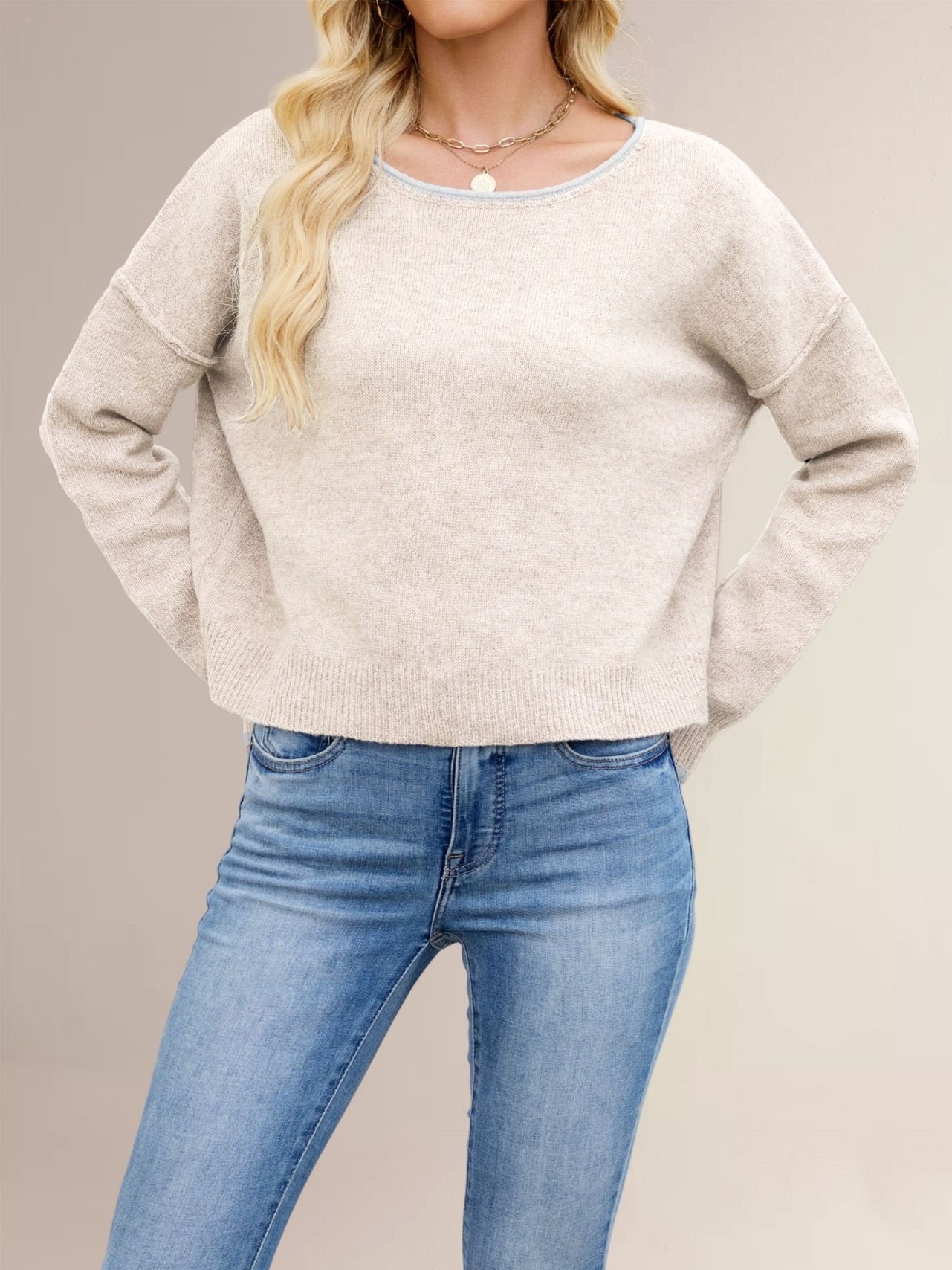 Autumn And Winter Round Neck Color Block Knitted Sweater Loose Versatile Pullover Sweater