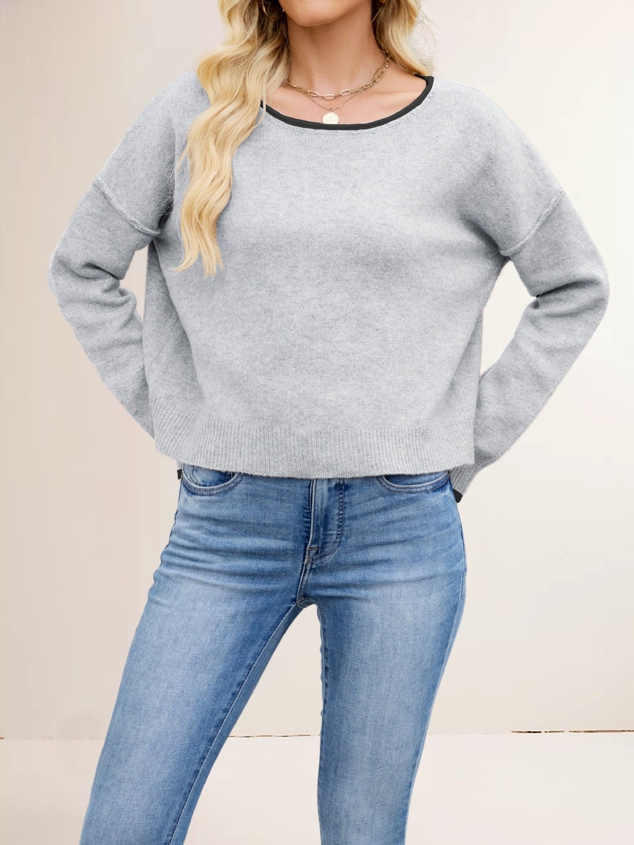 Autumn And Winter Round Neck Color Block Knitted Sweater Loose Versatile Pullover Sweater