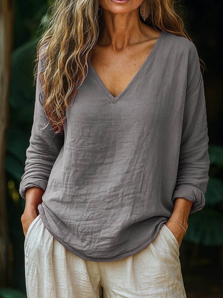 Women Plain V Neck Casual Long Sleeve T-shirt