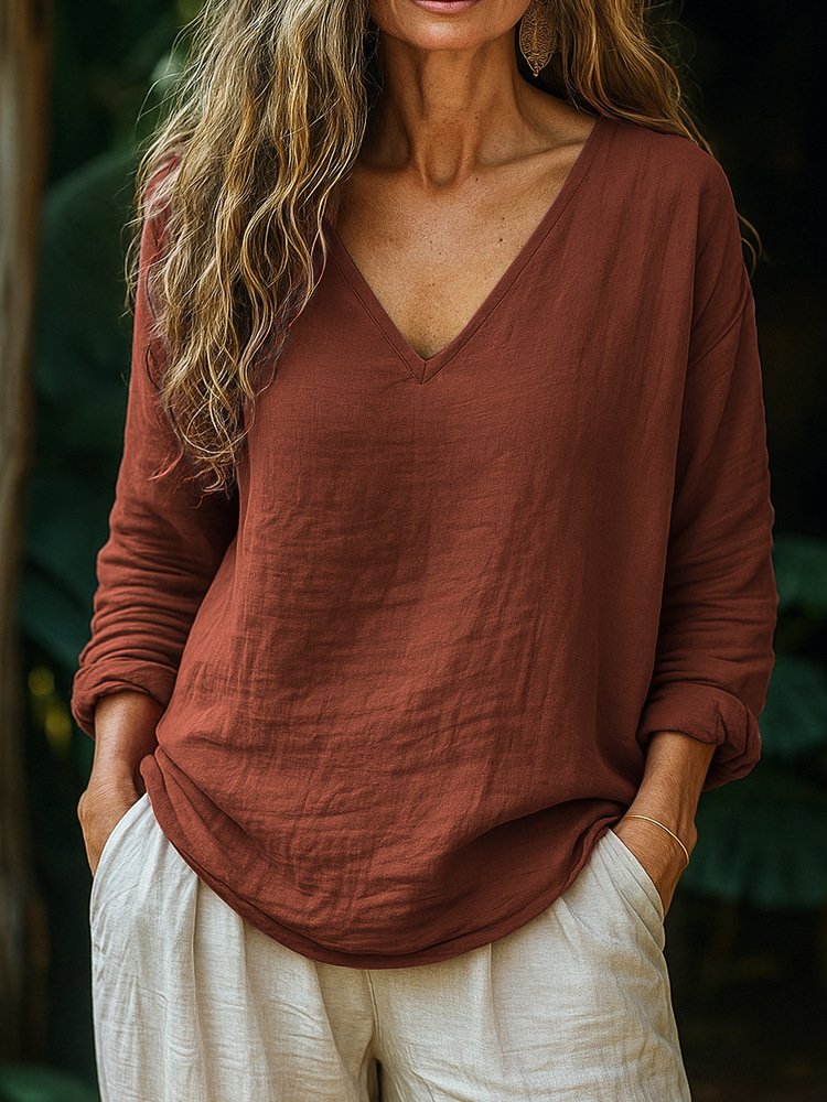 Women Plain V Neck Casual Long Sleeve T-shirt