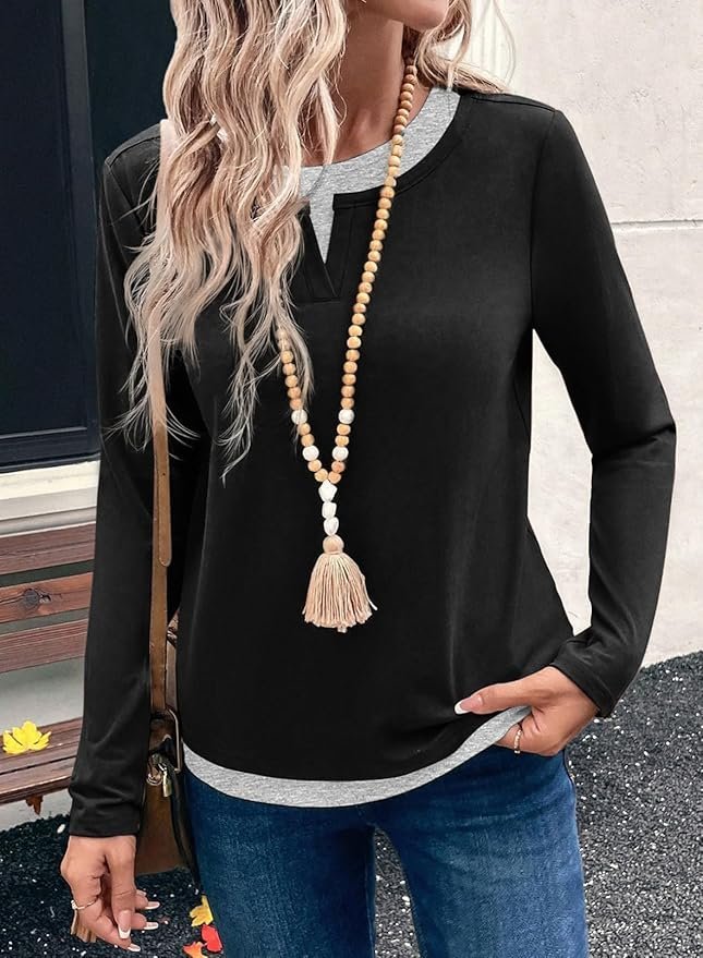 Women Color Block V Neck Casual Long Sleeve T-shirt