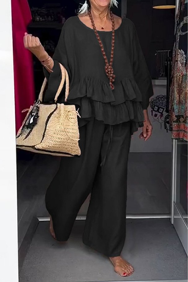 Plain Crew Neck Casual Two-Piece Set