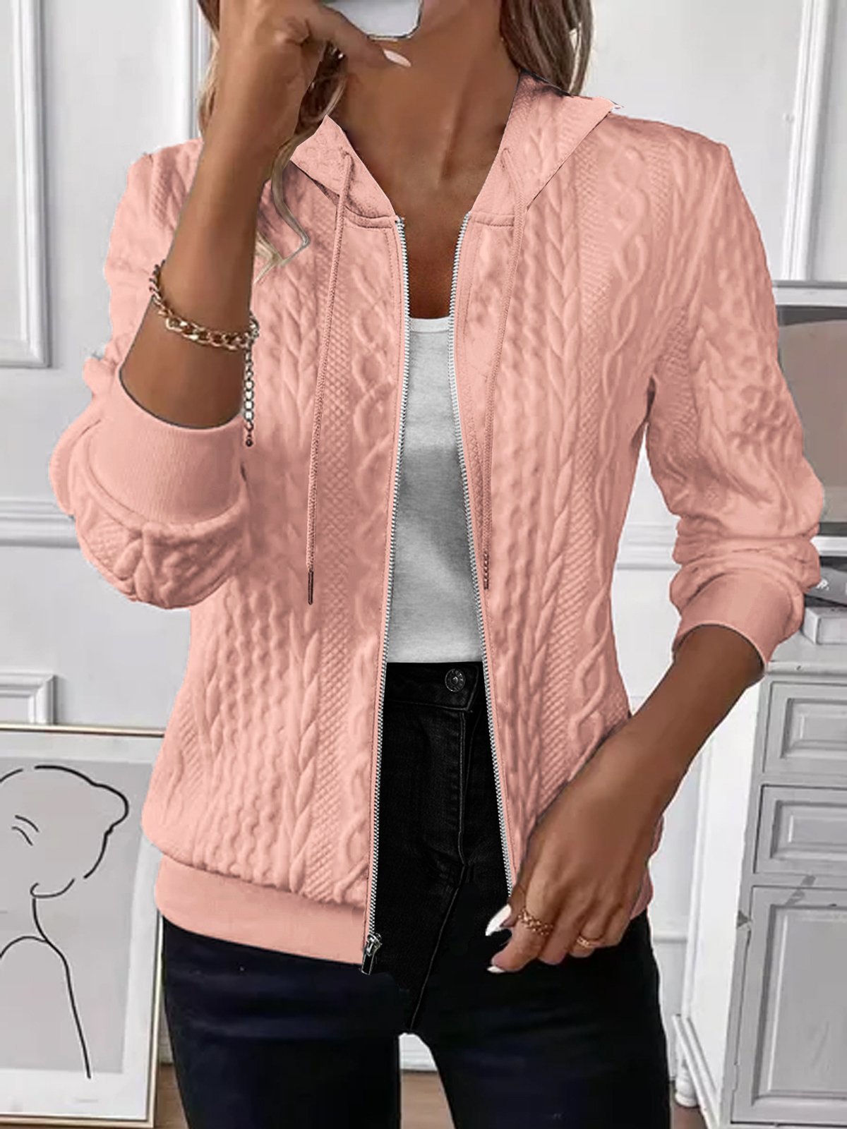 Autumn And Winter Solid Color Long-sleeved Knitted Zipper Hooded Sweatshirt Jacket