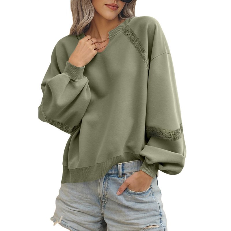 Casual V Neck Color Block Cotton Sweatshirt