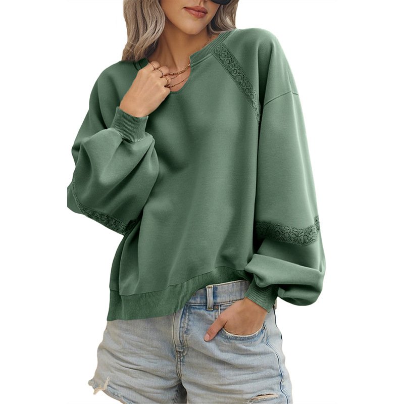 Casual V Neck Color Block Cotton Sweatshirt