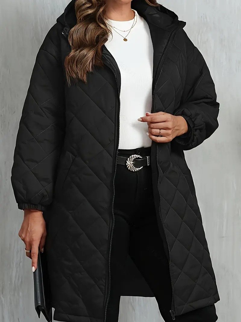 Elegant Quilted Hooded Jacket for Women Zippered Long Sleeves Quilted iacket