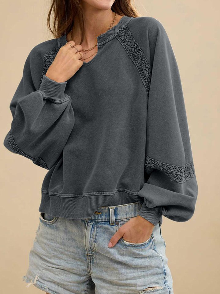 Casual V Neck Color Block Cotton Sweatshirt