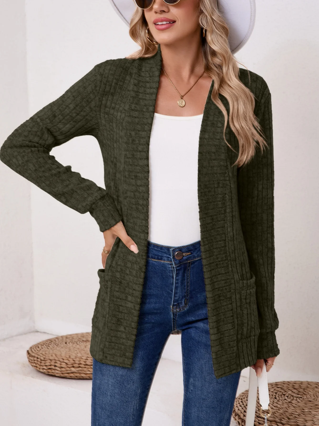 Basic Loose Autumn And Winter New Solid Color Cashmere Long-sleeved Bottoming Cardigan Knitted Cardigan