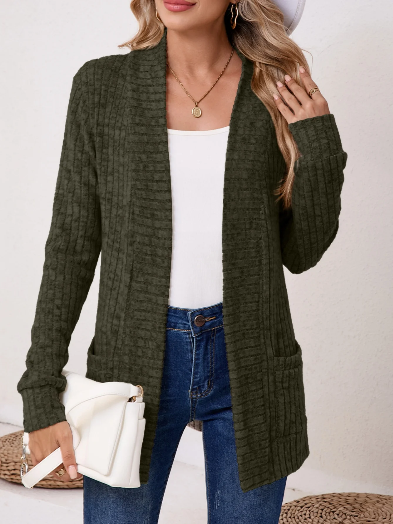 Basic Loose Autumn And Winter New Solid Color Cashmere Long-sleeved Bottoming Cardigan Knitted Cardigan