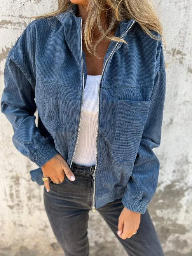New Solid Color Simple Style Splicing Corduroy Zipper Hooded Coat Jacket