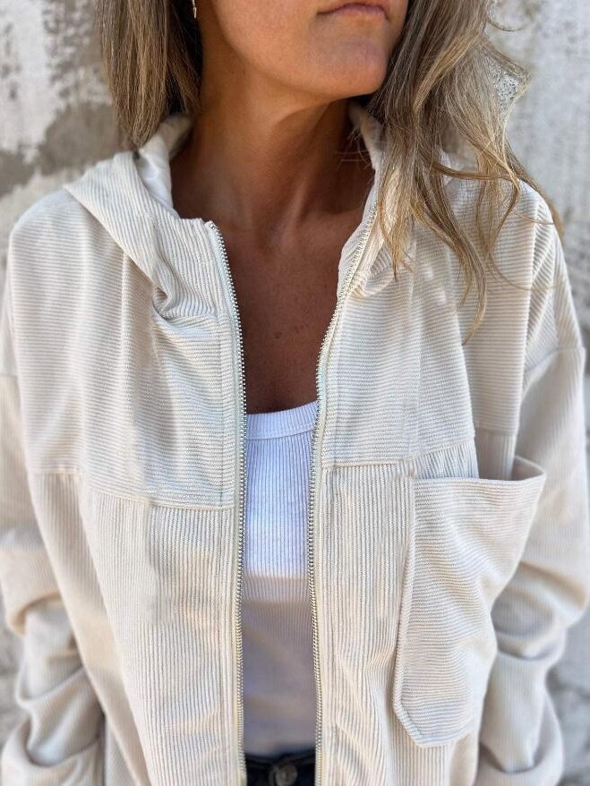 New Solid Color Simple Style Splicing Corduroy Zipper Hooded Coat Jacket
