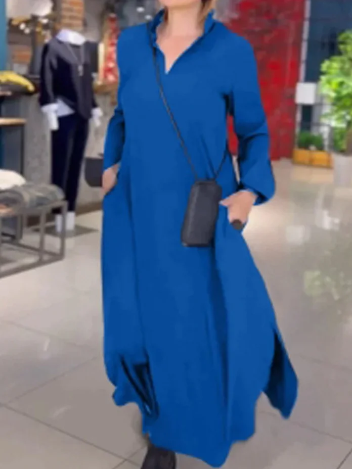 Women's Long Sleeve Spring/Fall Black Plain Split Joint V Neck Daily Going Out Vintage Maxi A-Line Shirt Dress Dress