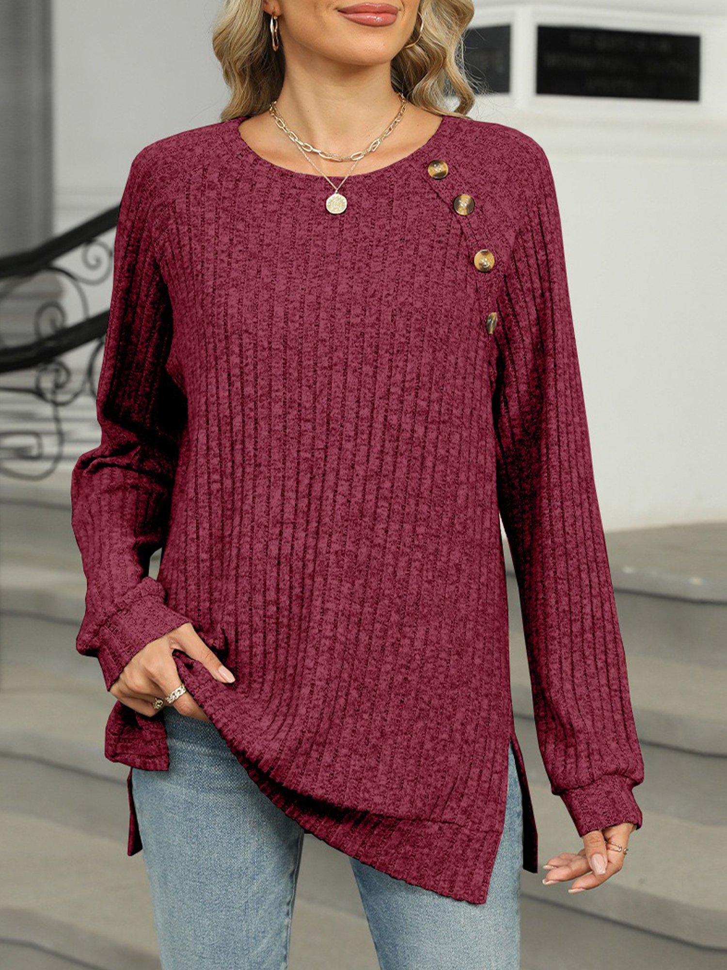 Casual Plain Buttoned Crew Neck Blouse