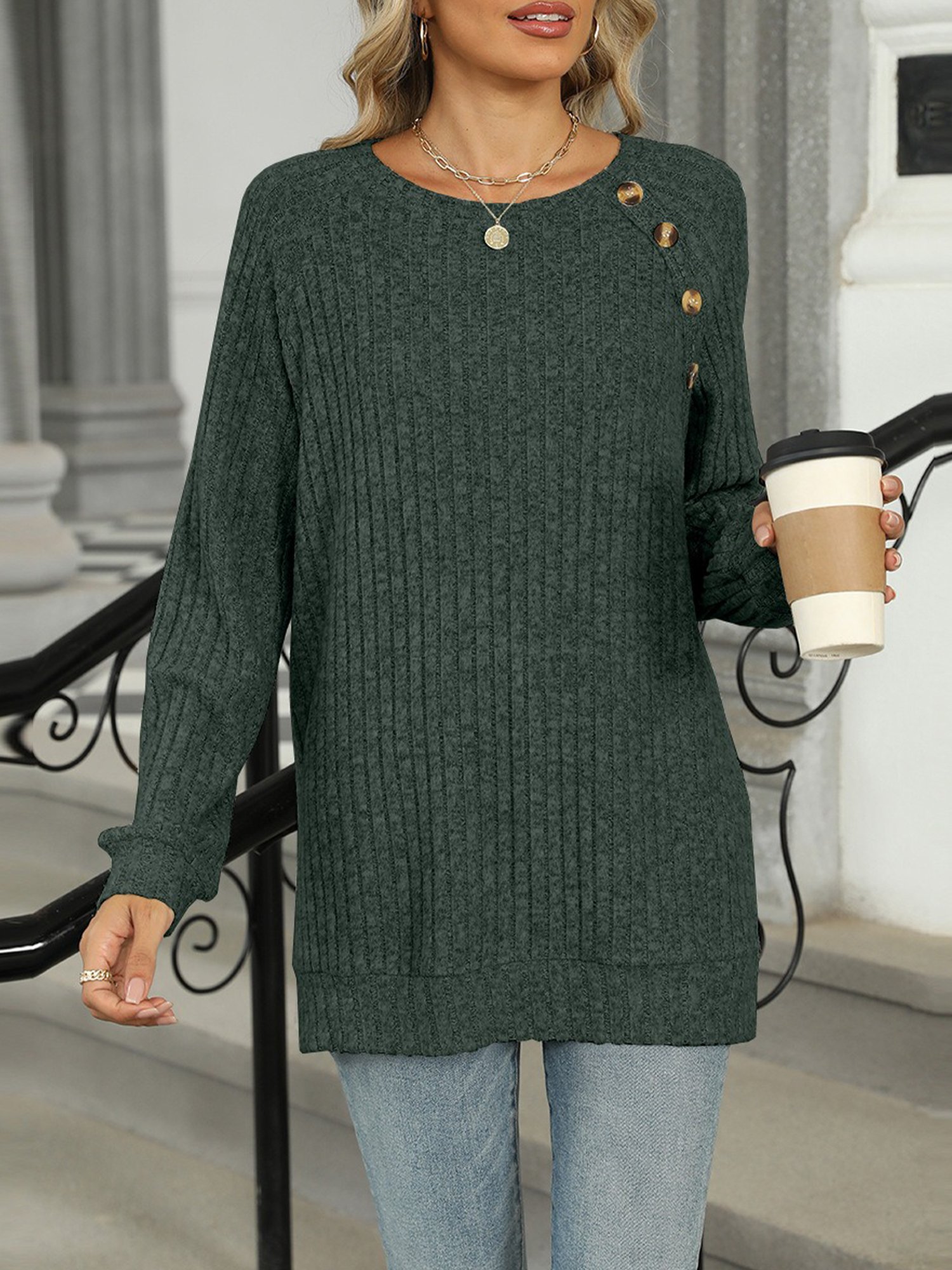 Casual Plain Buttoned Crew Neck Blouse
