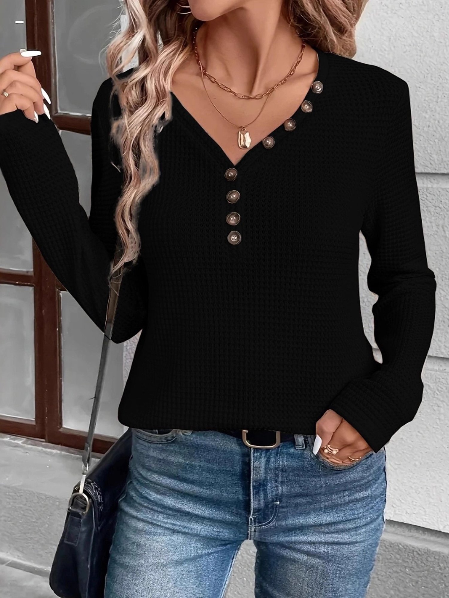 Women Plain V Neck Casual Long Sleeve T-shirt