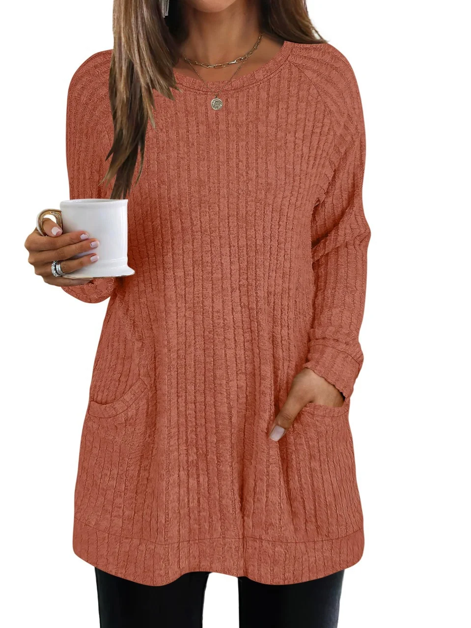 Women Plain Crew Neck Casual Long Sleeve T-shirt