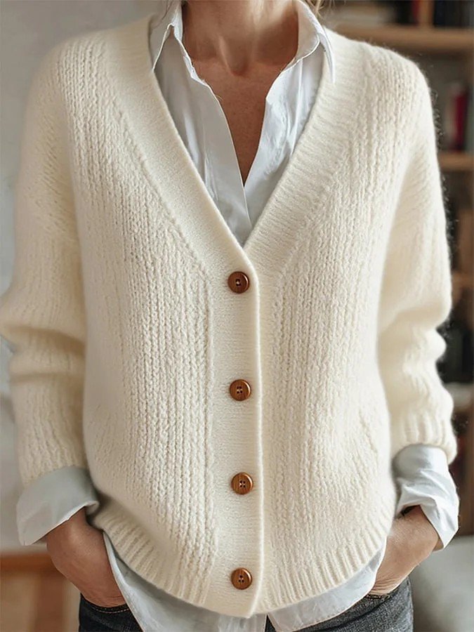Women's Solid Color V-Neck Casual Loose Long-Sleeved Cardigan Regular Top