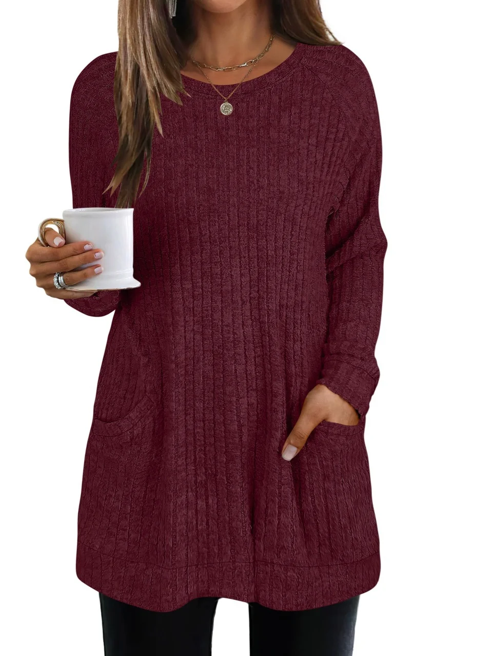 Women Plain Crew Neck Casual Long Sleeve T-shirt