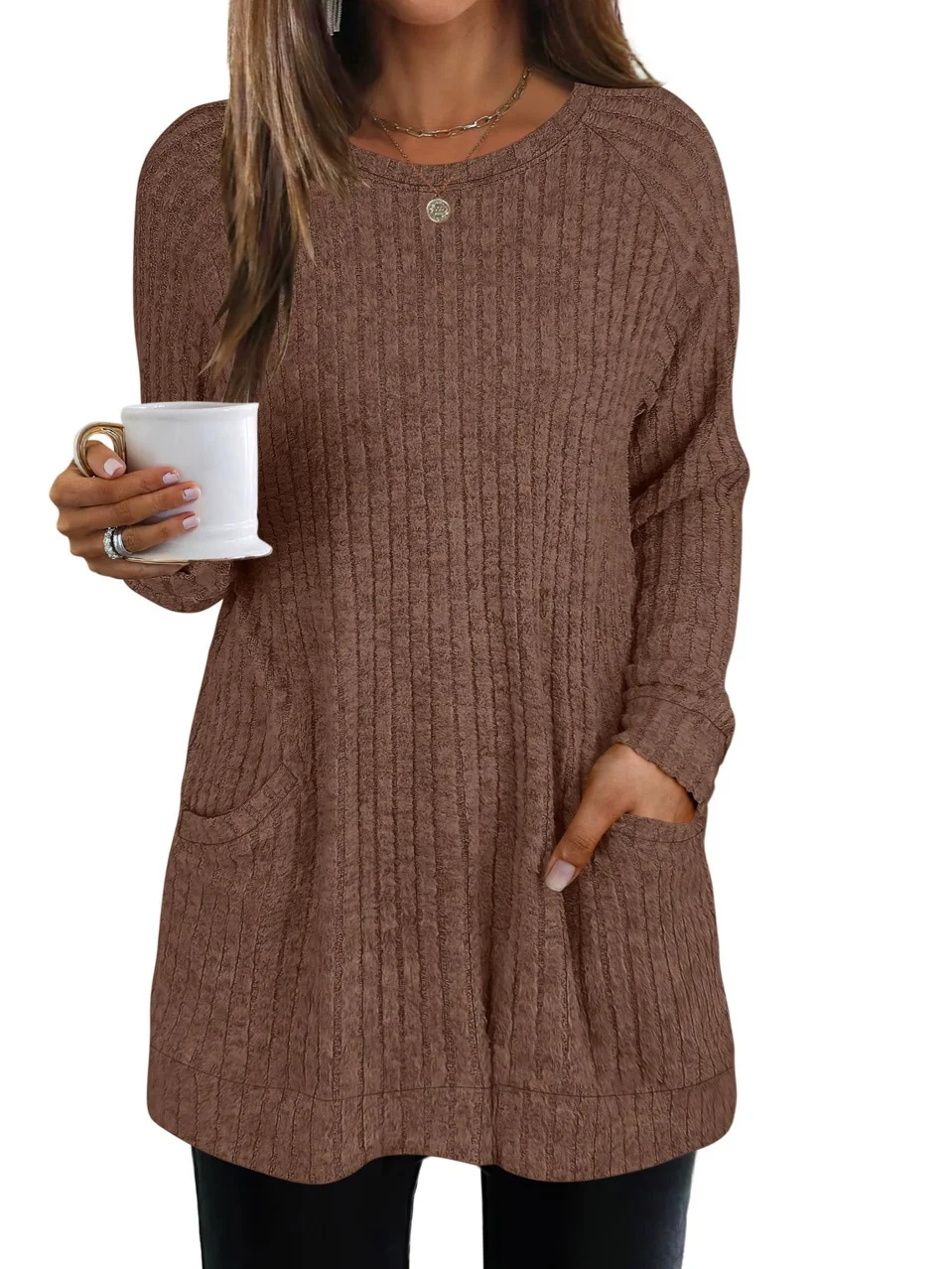 Women Plain Crew Neck Casual Long Sleeve T-shirt