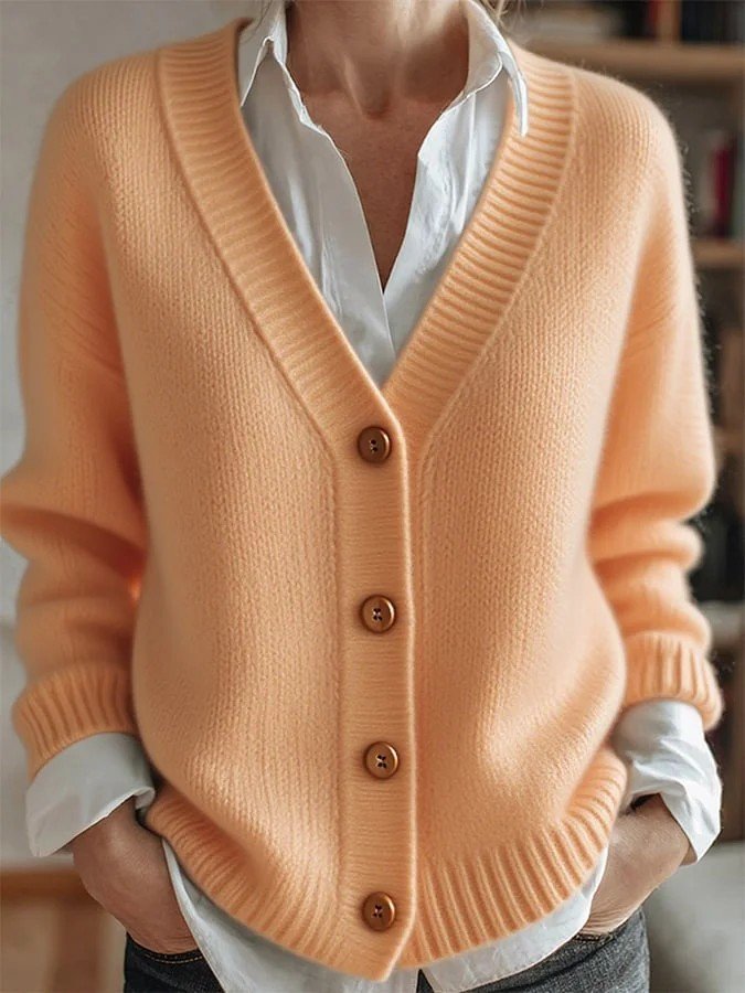 Women's Solid Color V-Neck Casual Loose Long-Sleeved Cardigan Regular Top