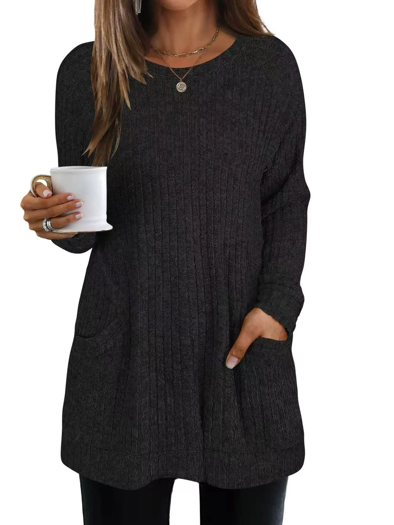 Women Plain Crew Neck Casual Long Sleeve T-shirt