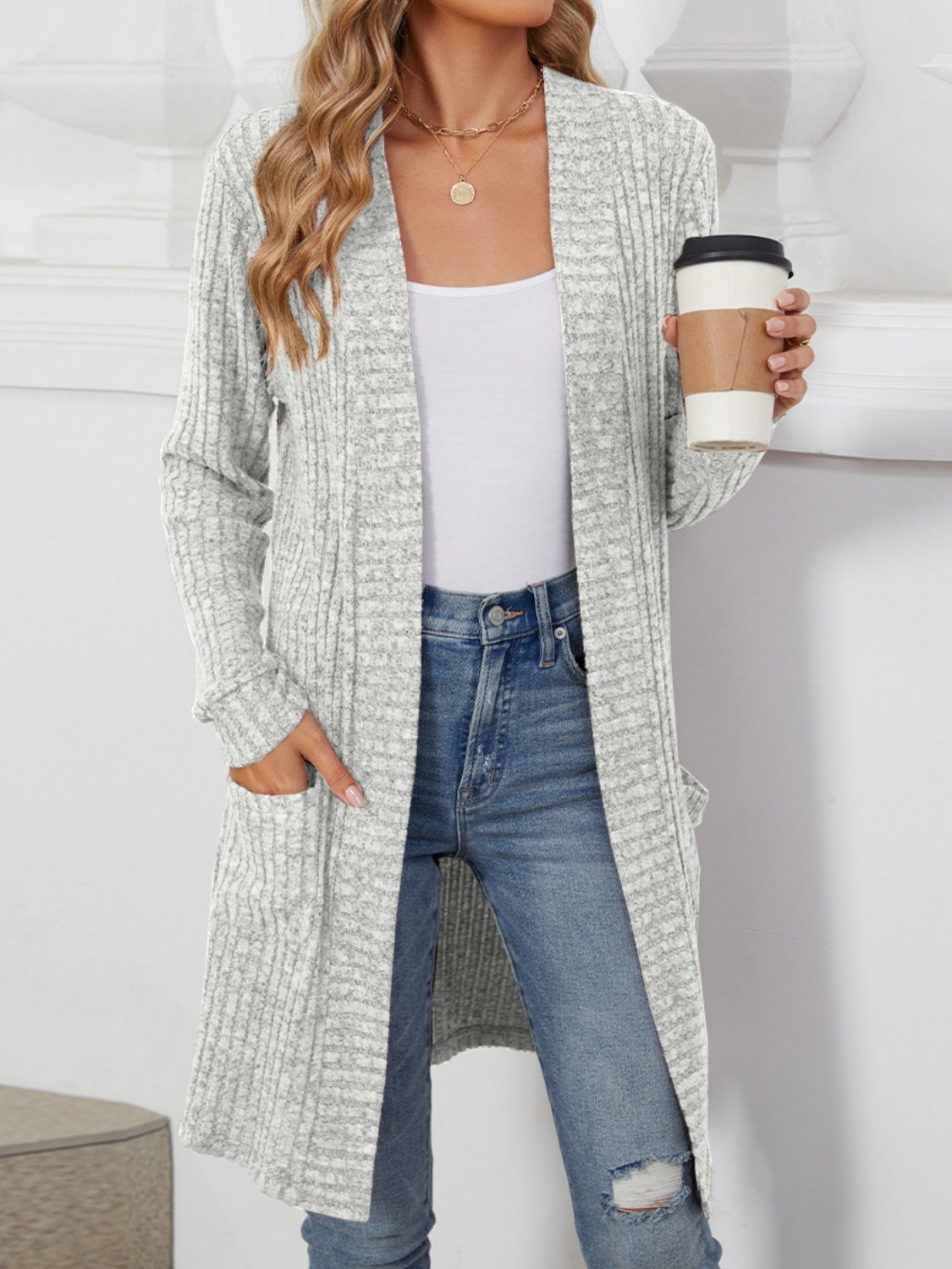 Lady Romance Wrap Rayon Pocket Autumn And Winter Long Solid Color Long Sleeve Loose Cardigan