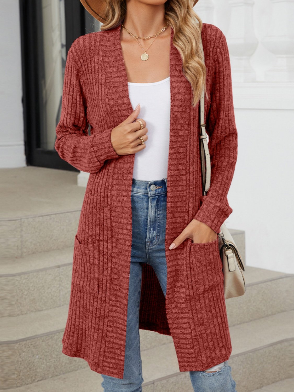 Lady Romance Wrap Rayon Pocket Autumn And Winter Long Solid Color Long Sleeve Loose Cardigan